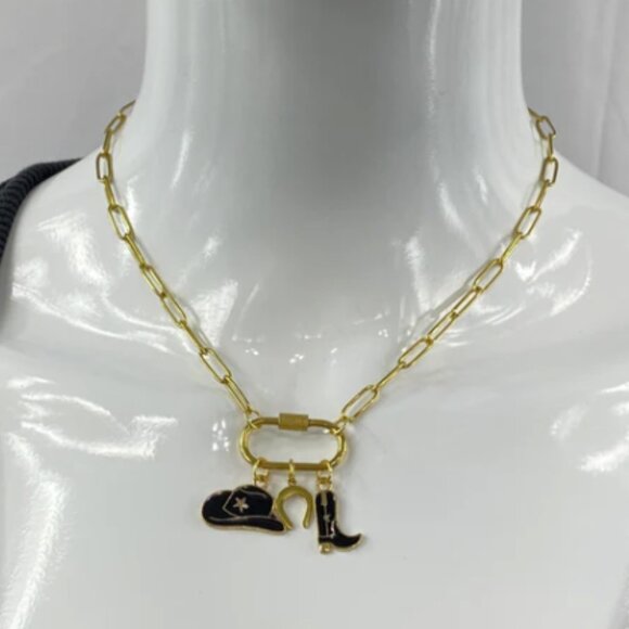 Oval Carabiner Cowgirl Cowboy Charms on Paperclip Chain Necklace - Picture 3 of 7